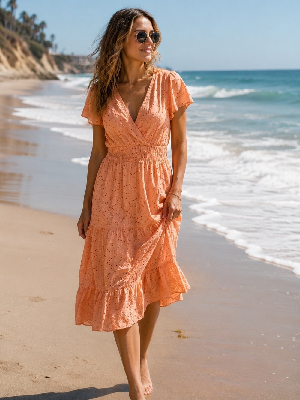 NWT Koko + Mason Los Angeles Peach Eyelet Midi Dress – Size Large